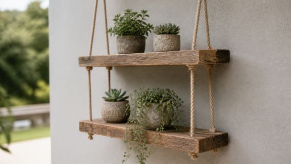 Fabriquer une étagère de jardin suspendue avec des cordes et des planches récupérées