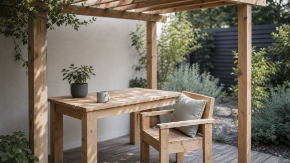 Monter un coin bureau extérieur sous pergola avec meubles DIY