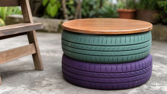 Créer une table d’appoint outdoor à partir de pneus empilés et peints