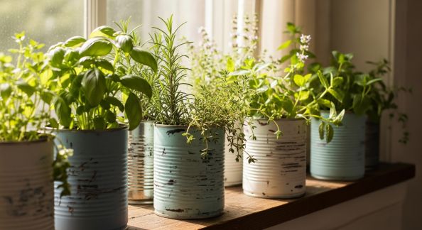 Mettre en scène des plantes aromatiques dans des boîtes de conserve peintes