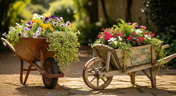 Transformer une brouette vintage en mini-jardin fleuri